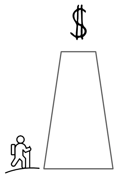 Two people stand beside a tall white obelisk against a black background.