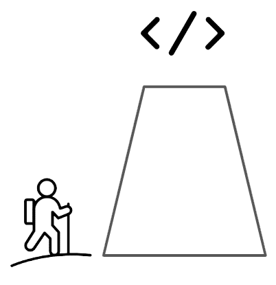 A person walks toward a large white doorway with the code symbols above it.