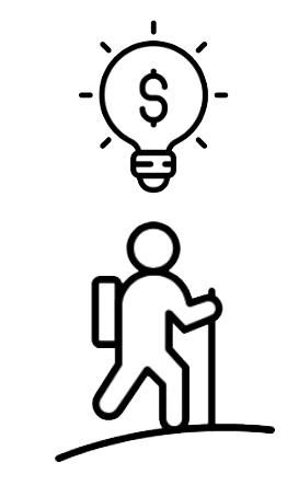 A person with a backpack walking, with a light bulb above their head symbolizing an idea.